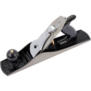 The Draper Smoothing Plane, 355mm - P5A by Draper is a metal hand plane with a black knob, lever cap, and high carbon steel iron, featuring a cast iron body used for smoothing or shaping wood surfaces.