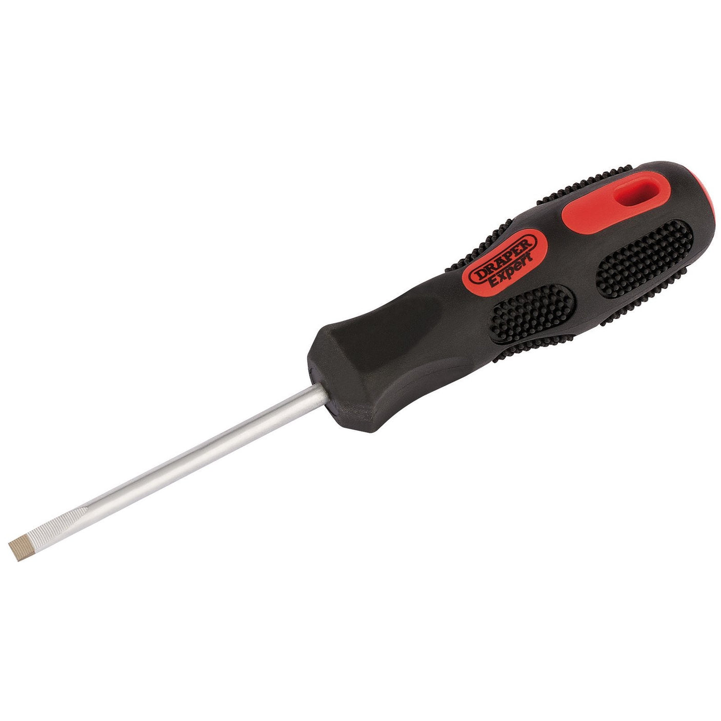 A Draper Plain Slot Parallel Tip Screwdriver, 5.0 X 75mm (Sold Loose) - 970PB, featuring a black and red soft grip polymer handle and labeled as "Draper Expert.