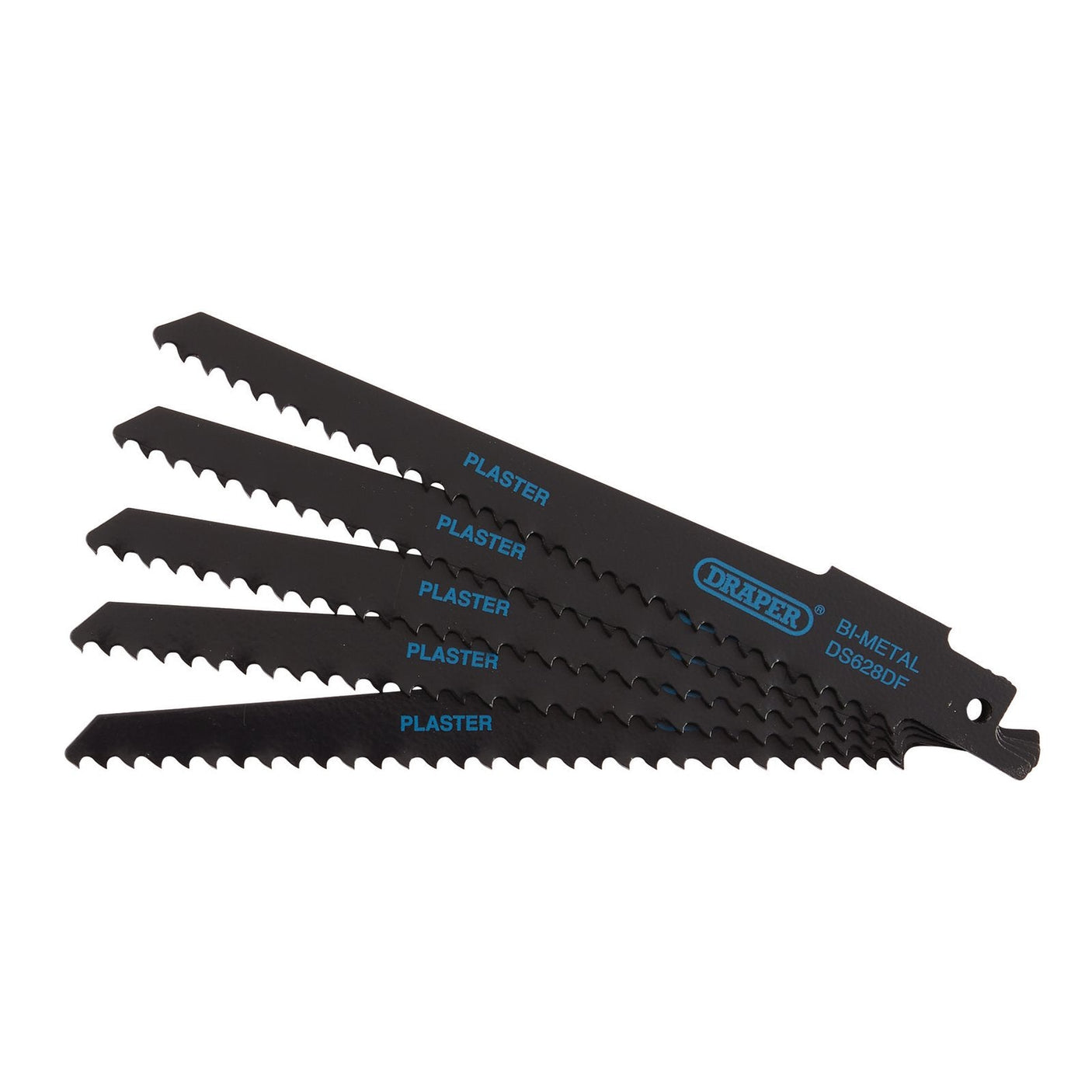 A pack of five black Draper Bi-Metal Reciprocating Saw Blades, designed for the curved cutting of plaster, with blue text indicating "Draper" and "Plaster" printed on each 150mm blade, featuring a universal 1/2" connection.