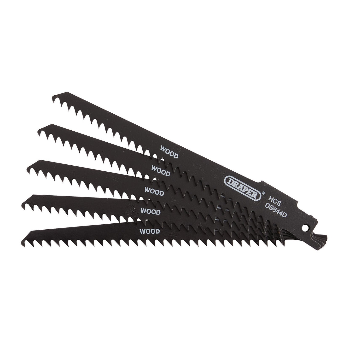 Five black woodcutting saw blades, crafted from high-carbon steel and arranged in a fan shape, each labeled "WOOD" with the brand "Draper" and model "DS644D" visible. Ideal for plunge cutting with reciprocating saws.