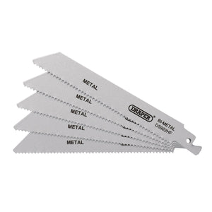 A pack of five Draper Bi-Metal Reciprocating Saw Blades For Metal, each measuring 150mm and featuring 10 teeth per inch (TPI), with gray blades designed for precision cutting through sheet metals. The product code is DS922HF.