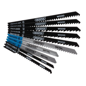 A set of ten Draper high-carbon steel and BIM jigsaw blades in different sizes for cutting wood and metal, displayed in a fanned-out arrangement, from the Draper Assorted Bim And Hcs Jigsaw Blade Set For Wood And Metal (JSBCU10B).