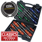 The Draper Engineers Screwdriver Set (16 Piece) - 990/16, made by Draper, includes professional screwdrivers with SVCM steel blades in a black case. The set features color-coded handles and has received badges for "Practical Classics Recommended" and "Classics Monthly Pro Choice.