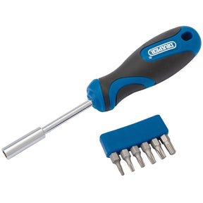 A Draper Tx-Star® Soft Grip Driver And Bit Set (7 Piece) - 865/TX/7 in black and blue, featuring an interchangeable screwdriver with a magnetic bit holder and a set of five different bits placed next to it.