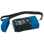 The Draper Moisture Meter - MM100 by Draper is a digital wood moisture meter featuring a black body and a blue cap. It has an LCD display showing "23.1" and is equipped with two metal pins for measuring moisture content, along with a black wrist strap.