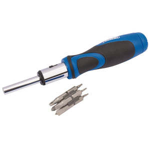 A Draper Ratchet Screwdriver And Bit Set (13 Piece) - 865/11, featuring a blue and black multi-bit screwdriver with a 1/4" magnetic bit holder and four hardened and tempered interchangeable bits placed nearby.