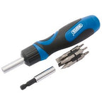 The Draper Ratcheting Screwdriver Set (13 Piece) - 865/14 from Draper features an adjustable blue and black screwdriver with a ratcheting mechanism, a detachable magnetic head, and five assorted bits. It includes a bit holder accessory that can be conveniently stored in the handle.