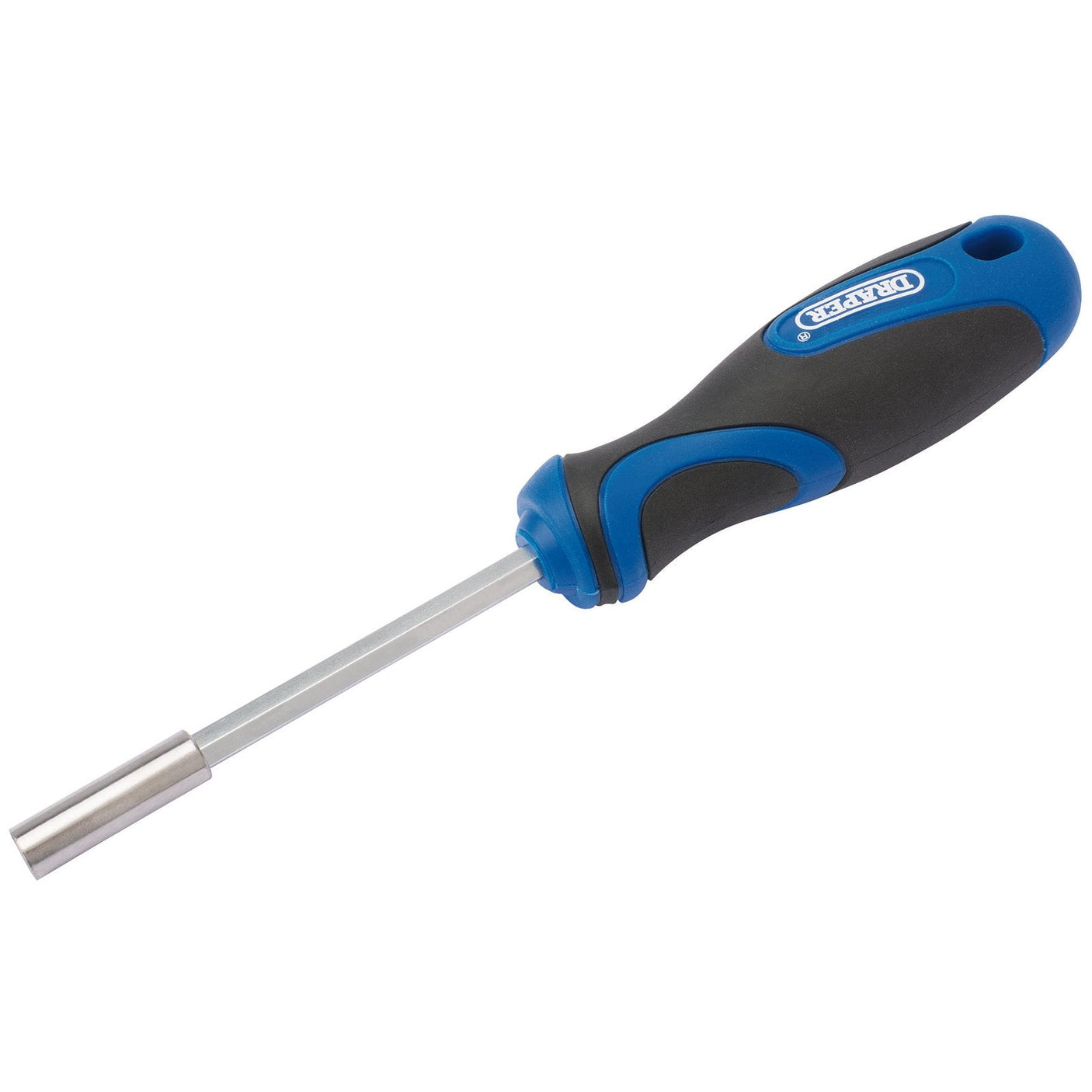 The Draper Bit Holding Driver - 865/BH by Draper is a standard handheld screwdriver featuring a soft grip handle in blue and black and a flat metal shaft made of durable chrome vanadium steel.