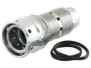 A Sparex Hydraulic Quick Release Coupling Female Sleeve 1/2'' (Sparex Part Number: S.4364) made from carbon steel, featuring multiple holes in its body alongside two black rubber O-rings.