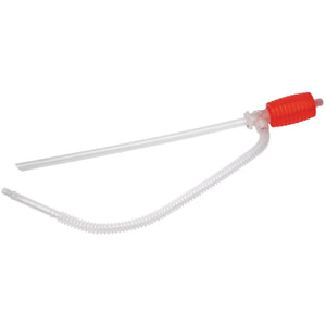 The Draper Siphon Pump - SP1, by Draper, is a display-packed plastic siphon pump featuring a red squeeze bulb, a rigid intake tube, and flexible output tubing. It's perfect for transferring inert liquids.