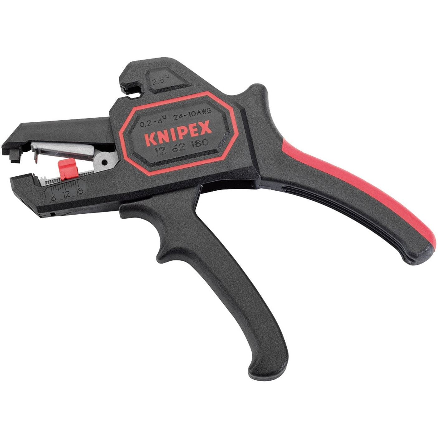 The Draper Knipex 12 62 180Sbe Self Adjusting Insulation Stripper - 12 62 180 SB, available in black and red, features adjustable settings, an ergonomic design for comfort, and an adjustable depth stop.