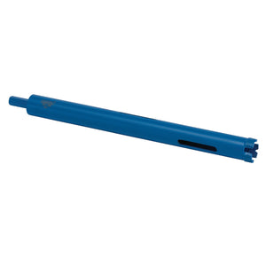 Close-up of the Draper Diamond Core Drill Bit, 28 X 330mm - DCB/B, a blue cylindrical tool designed for dry cutting masonry applications, featuring a notched end and a slot running along its side.