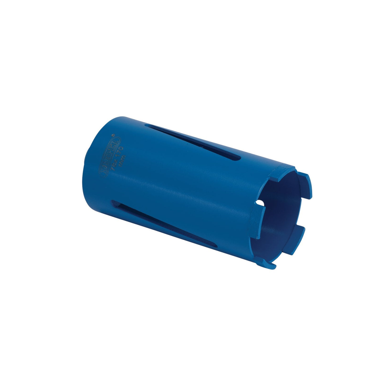 A Draper Diamond Core Drill Bit, 78 x 170mm (DCB/B), is a cylindrical blue plastic component featuring slots and text markings, designed for various technical or masonry applications.