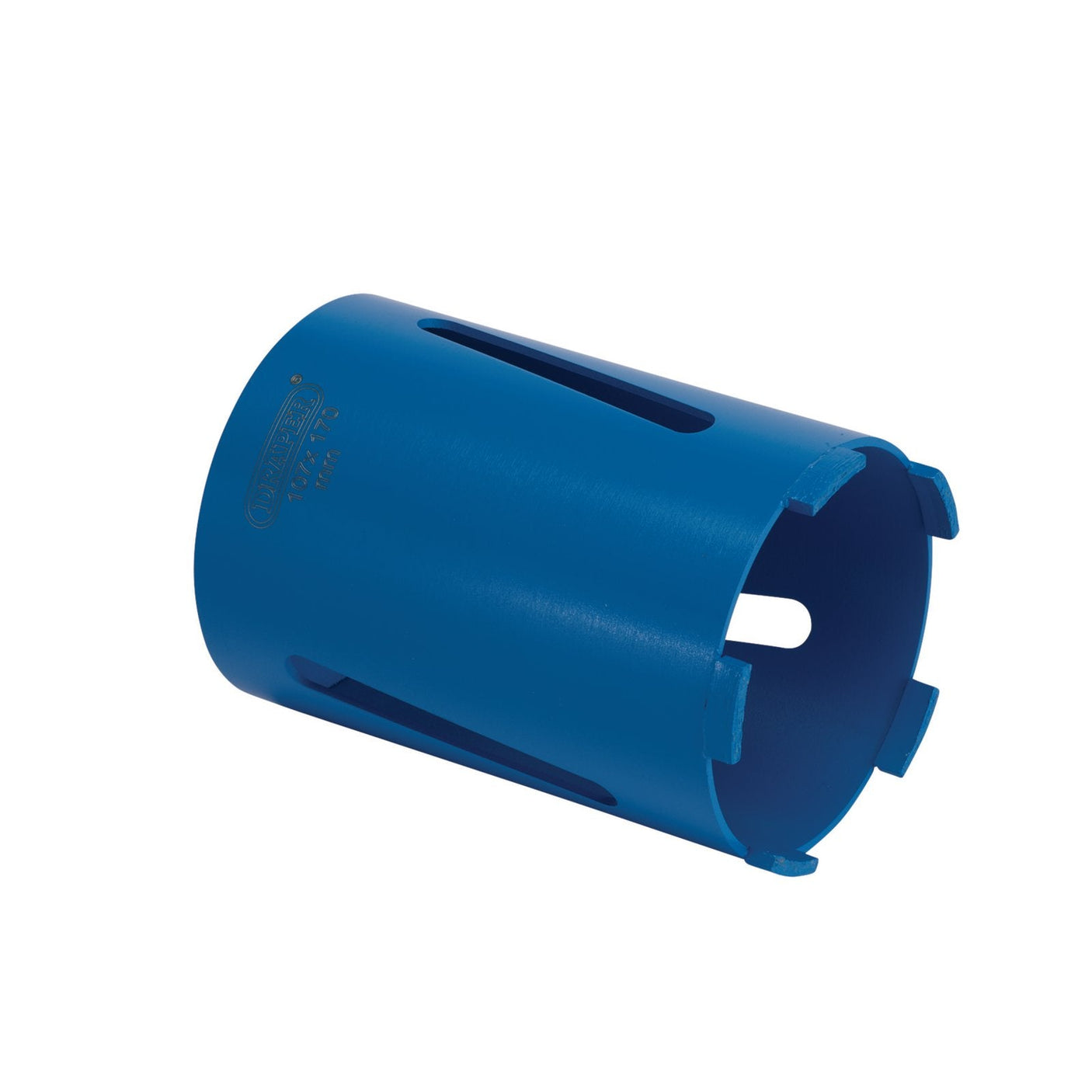 The Draper Diamond Core Drill Bit, 107 x 170mm - DCB/B, is a blue cylindrical tool designed with slots and notches on the sides and edges, ideal for masonry applications.