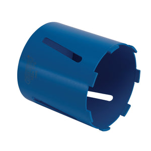 The Draper Diamond Core Drill Bit, 152 X 170mm - DCB/B, is a blue cylindrical tool featuring several vertical slots and notches on one end, making it ideal for masonry applications.