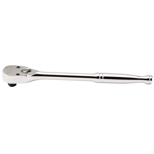 The Draper 60 Tooth Sealed Head Reversible Ratchet, 3/8" Sq. Dr. - D64P/B by Draper, features a long handle made from durable chrome vanadium steel with a polished finish for a sleek look. It is designed for tightening or loosening bolts and nuts against a white background.