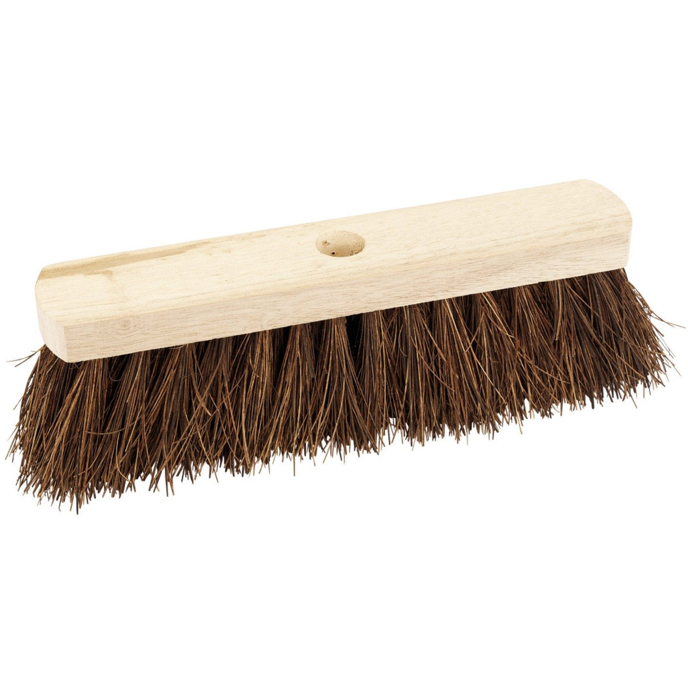 The Draper Stiff Bassine Broom Head, 330mm - BRM/BASS features a robust wooden construction with stiff brown bristles and a hole for handle attachment, making it perfect for outdoor use.