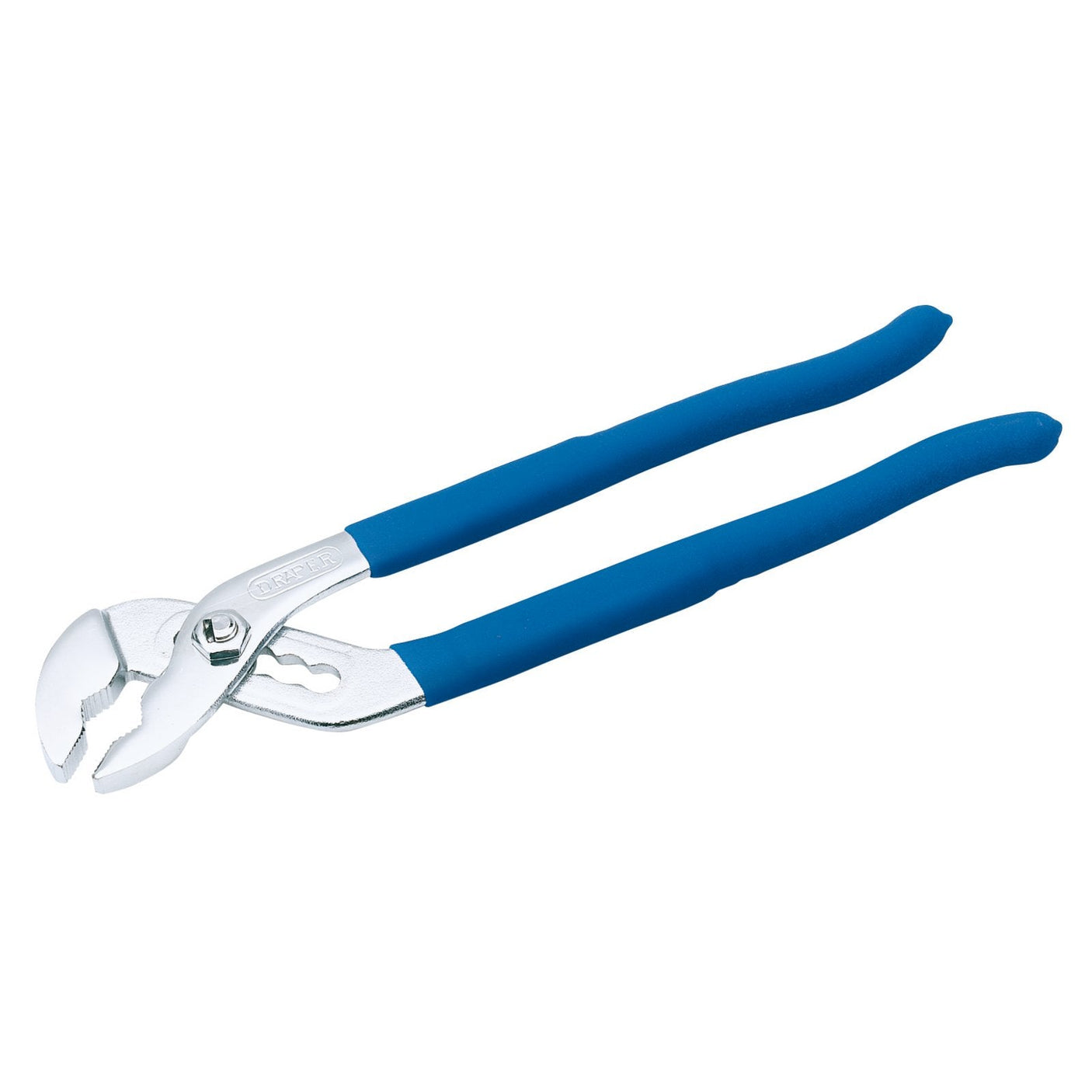 Draper Waterpump Pliers, 240mm with a 36mm capacity and metallic jaws, featuring carbon steel construction and cushion grip blue handles, positioned on a plain white background.