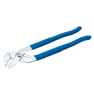 Draper Waterpump Pliers, 240mm with a 36mm capacity and metallic jaws, featuring carbon steel construction and cushion grip blue handles, positioned on a plain white background.