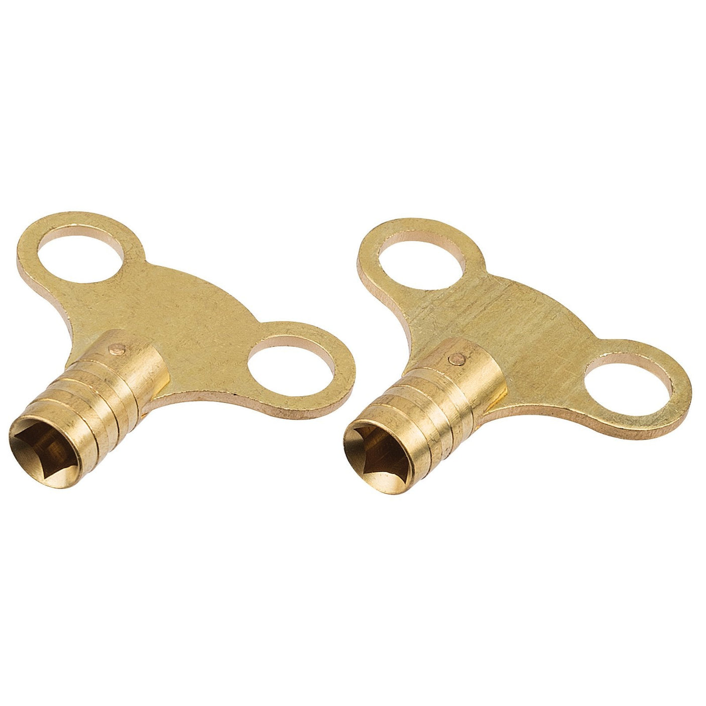 Two Draper Brass Radiator Keys - RKB/L, featuring circular grips and cylindrical winding stems, sit next to each other on a white background. Resembling domestic radiator tools, these keys by Draper fit square 5.5mm openings perfectly.