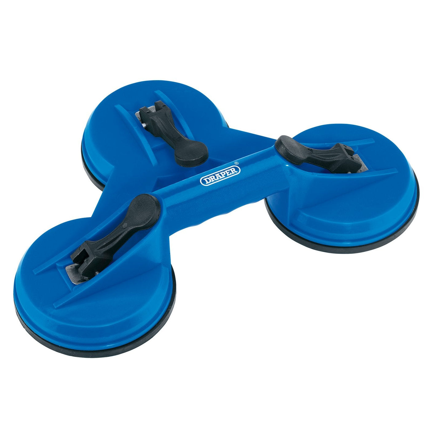 The Draper Triple Suction Lifter - SCDP3 by Draper is a blue tool featuring three suction cups and black handles, designed for gripping and lifting smooth, flat surfaces such as glass or marble.