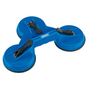 The Draper Triple Suction Lifter - SCDP3 by Draper is a blue tool featuring three suction cups and black handles, designed for gripping and lifting smooth, flat surfaces such as glass or marble.