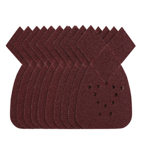 A pack of Draper Detail Sanding Sheets with Hook and Loop, 140mm, 40 Grit, fanned out to showcase a prominent brown triangular aluminium oxide sheet featuring multiple circular holes.