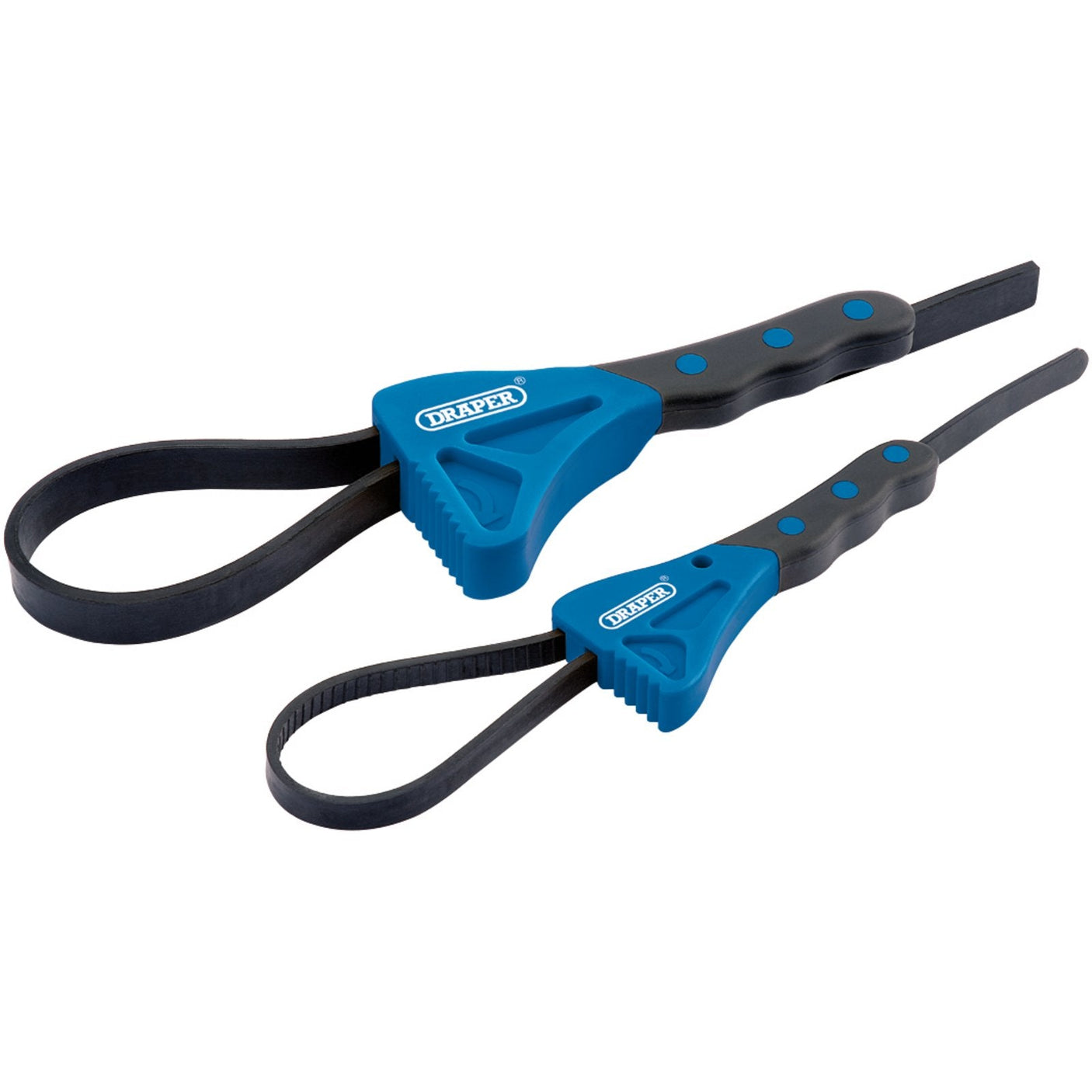 The Draper Soft Grip Strap Wrench Set (2 Piece) - SWR2, featuring blue and black adjustable ribbed grips, is perfect for tightening or loosening pipes, oil filters, or other round objects.