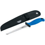 A Draper Expert Plasterboard Saw, 150mm (DWS150E), featuring induction-hardened teeth and a soft grip blue handle, alongside a black sheath.