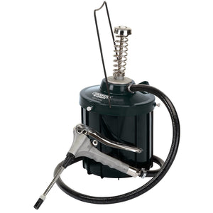 The Draper Dual High Volume High Pressure Grease Pump - GP-DA5 is a green metal grease gun featuring a flexible hose and a hand-operated lever for high pressure delivery.