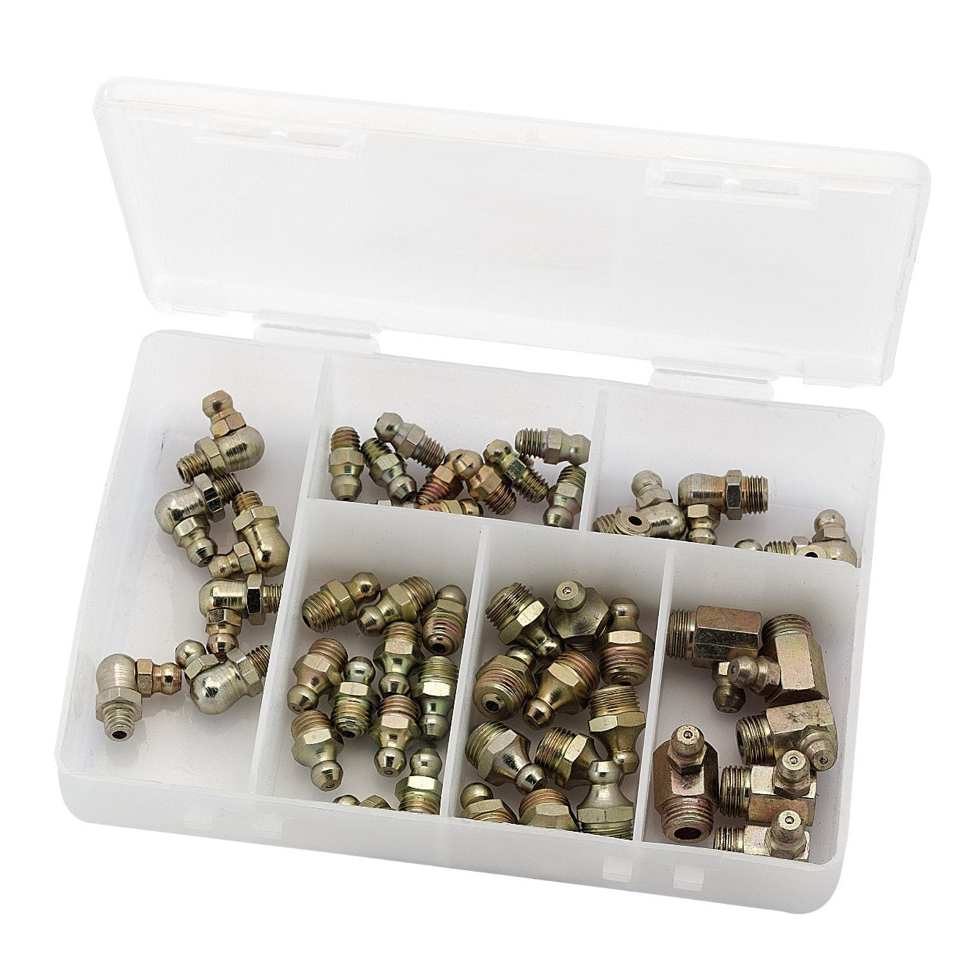 A plastic organizer box containing 50 assorted Draper GNA-BSPT grease nipples, some yellow zinc plated and heat treated, arranged in six compartments.