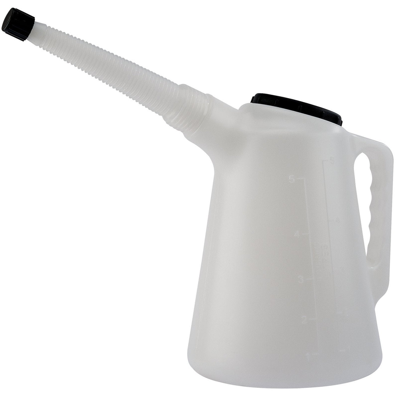 The Draper Measuring Jug, 5L - OMJ-5 is made from high-density polyethylene with metric and US imperial graduations, a flexible spout, screw-on black cap, handle, and measurement markings on the side.