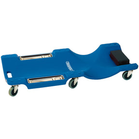 The Draper Mechanic's Creeper - CC4 by Draper is a blue creeper with four caster wheels and a foam headrest, perfect for working underneath vehicles.