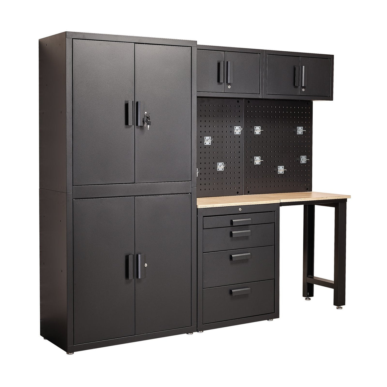 The Draper Single Garage Workstation - MS100 is a black modular storage system that includes a tall lockable cabinet, a workbench with drawers, upper cabinets, a pegboard backdrop, and adjustable feet for stability.