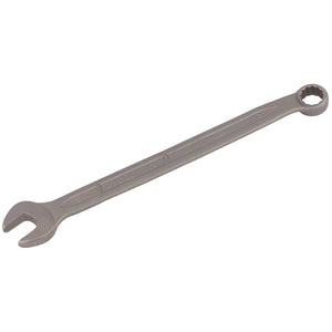 The Draper Elora Long Stainless Steel Combination Spanner, 8mm - 200-8, adheres to the DIN 3113 Standard and features an open-ended side on the left and a Bi-hexagon ring on the right, with markings and measurements along its handle.