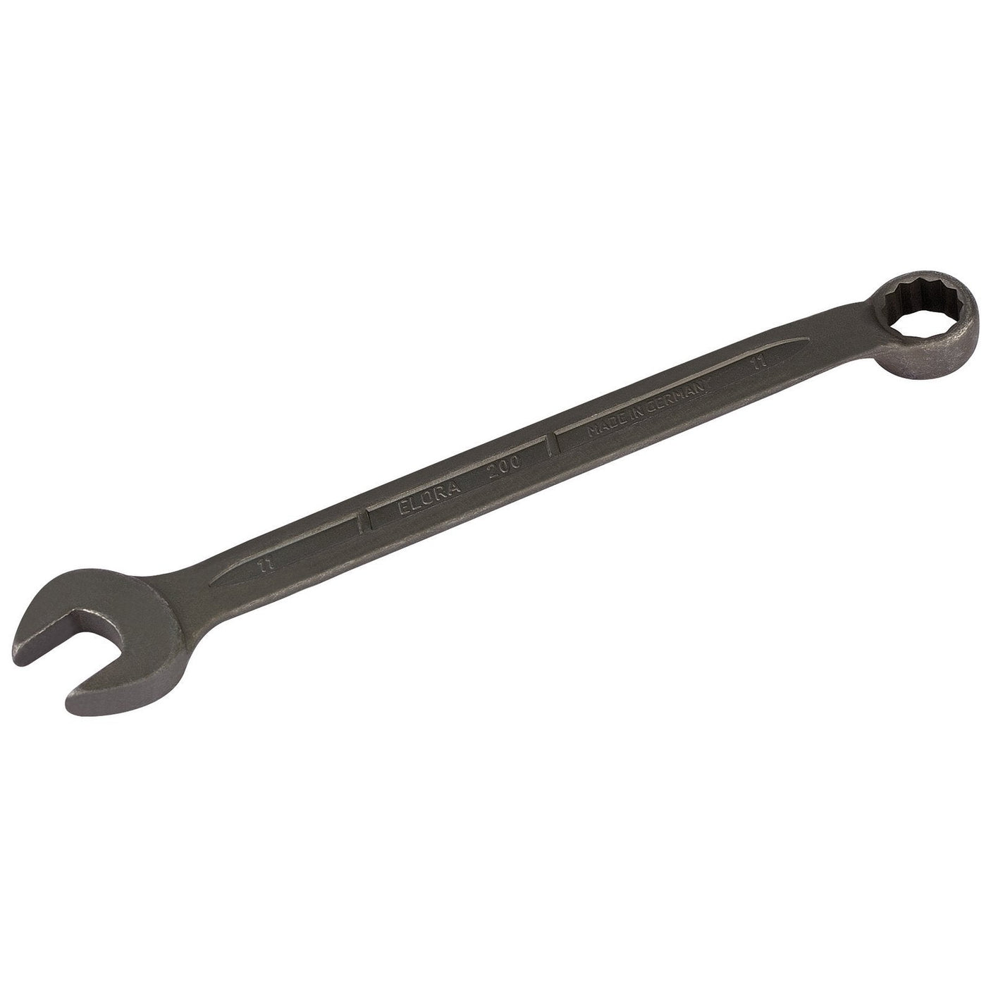 The Draper Elora Long Stainless Steel Combination Spanner, 11mm - 200-11 by Draper is a professional quality dual-ended metal wrench featuring one open-end and one box-end for tightening or loosening nuts and bolts, adhering to the DIN 3113 Standard.