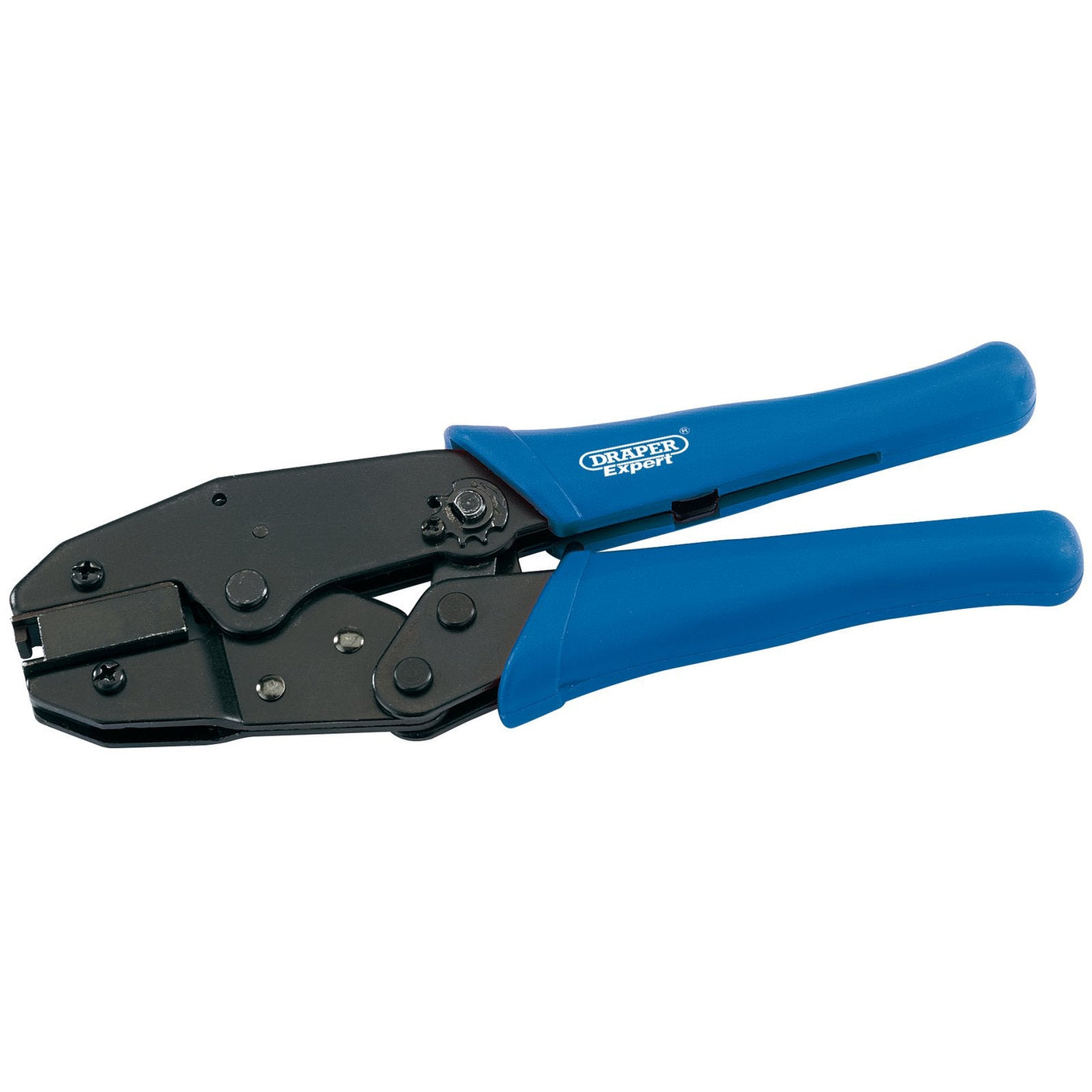 The Draper Rj45 Ratchet Crimping Tool, 225mm - CT-RJ45 is displayed against a white background, featuring blue handles and a PVC cushion grip.