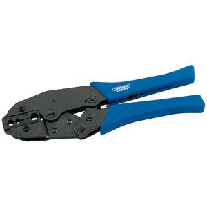 The Draper Coaxial Series Crimping Tool, 225mm - CT-HEX, features black carbon steel jaws designed for crimping F connectors on coaxial cable and is equipped with blue plastic handles.