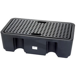 The Draper Two Drum Spill Containment Pallet - SPILL-2 is a black plastic rectangular drainage container featuring a perforated top surface, chemical resistance, and integrated handles on the sides, making it perfect for spill containment.