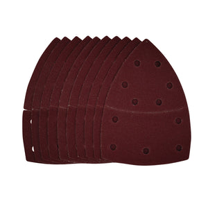 A fan-like stack of Draper Multi-Sanding Sheets with Hook and Loop, maroon in color, triangular-shaped, and featuring multiple holes. Each sheet measures 102 x 62mm or 93mm and has a grit size of 120. The pack contains 10 sheets (SSD5).