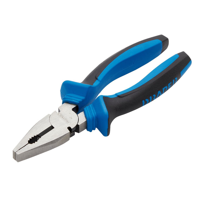 The Draper Soft Grip Combination Pliers, 180mm - 1010, feature blue and black soft grip handles and a serrated metal gripping surface made from durable carbon steel.