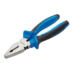 The Draper Soft Grip Combination Pliers, 200mm - 1010, feature a durable carbon steel construction in blue and black, complete with a metal gripping section and insulated soft grip handles.