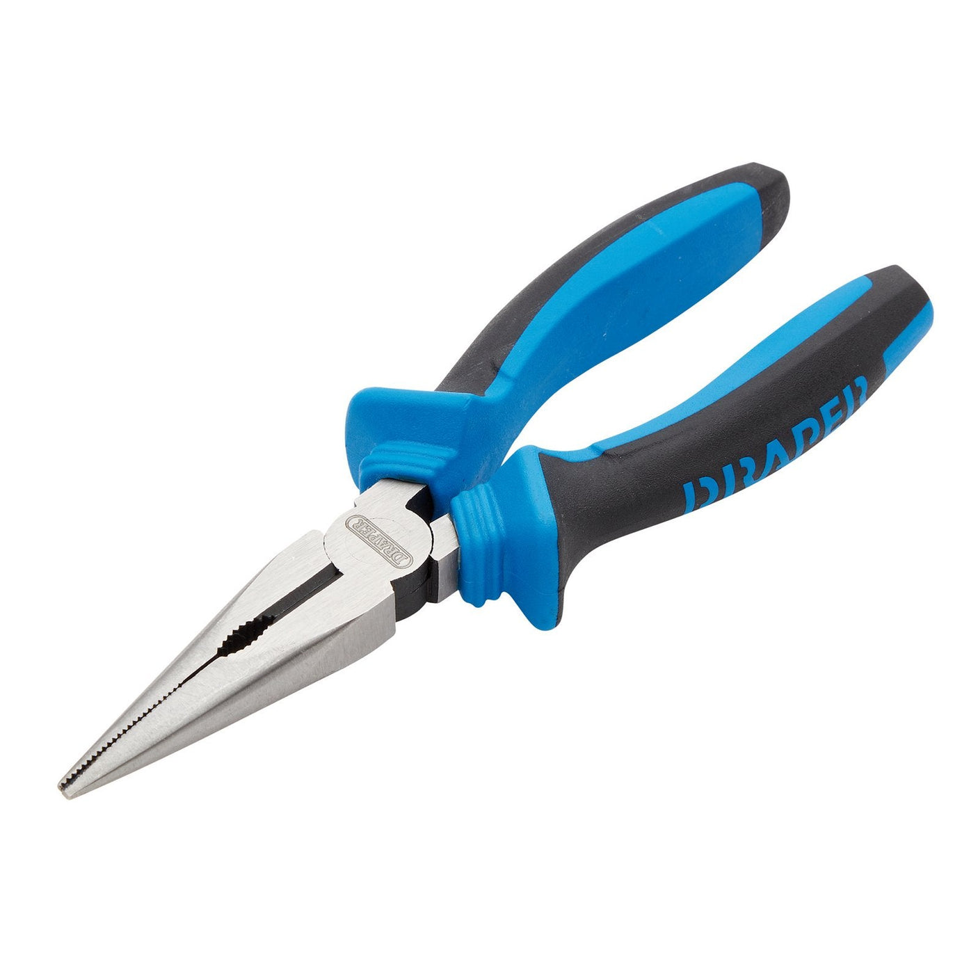 A pair of Draper Soft Grip Long Nose Pliers, 160mm - 1020, featuring a blue and black design with heavy-duty handles and the Draper brand name printed on them.