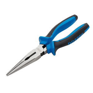 The Draper Soft Grip Long Nose Pliers, 200mm - 1020, feature blue handles with a black rubber grip and the brand name "Draper" printed in white on the handle. Made from heavy-duty carbon steel, these pliers also include sharp cutting edges for precision work.