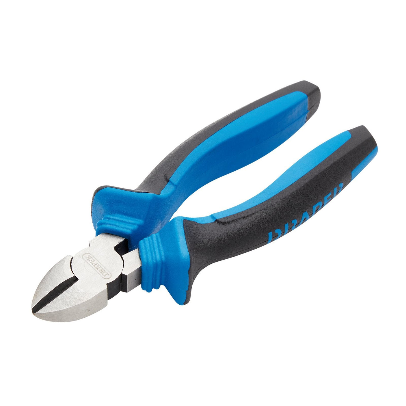 A pair of Draper Soft Grip Diagonal Side Cutters, 160mm - 1030, featuring a blue and black design with hardened and tempered cutting edges and soft grip handles for enhanced comfort.