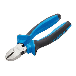 The Draper Soft Grip Diagonal Side Cutter, 180mm - 1030, with blue and black heavy-duty handles is shown. This tool features sharp cutting edges for slicing through wires and other materials, crafted from durable carbon steel.