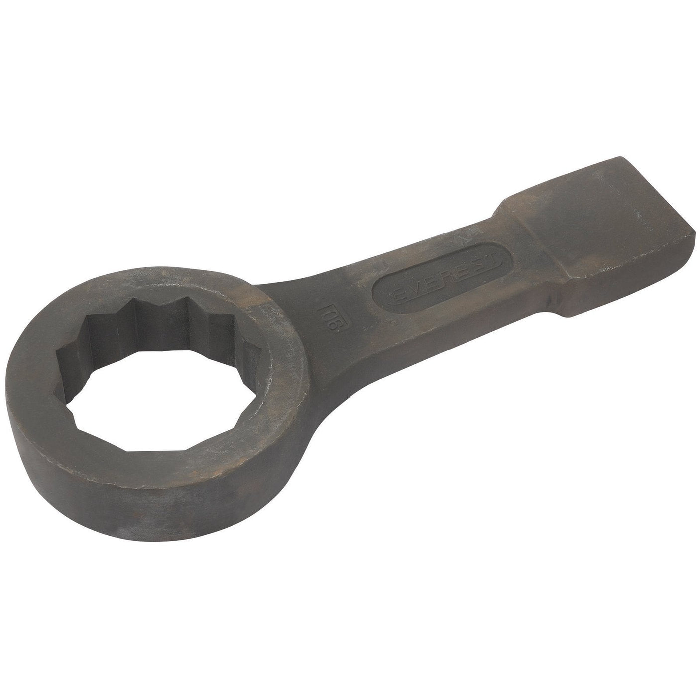 The Draper Ring Slogging Wrench, 90mm - 120mm by Draper is a black, heavy-duty tool made from carbon steel featuring a rectangular striking face and a large, round open end. It is built to meet DIN7444 specifications.