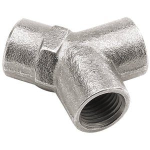 The Draper Y Piece For Pcl Twin Standard Coupling - SPR4279 is a metal pipe fitting with a Y-shaped design, featuring three threaded openings for connecting pipes, and is sold loose without any additional fittings.