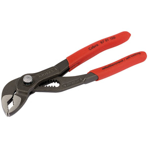 The Draper Knipex Cobra® 87 01 150 Sb Waterpump Pliers, 150mm - 87 01 150 SB, with red handles and a one hand press button adjustment, are showcased on a white background. Made from chrome vanadium electric steel, these pliers boast unparalleled durability and performance. The parallelogram-shaped gripping surfaces ensure a secure grip for any task.