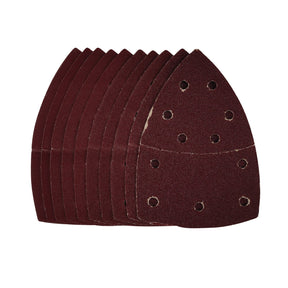 A stack of Draper Multi-Sanding Sheets With Hook And Loop, 102 x 62mm, 93mm, Assorted Grit (Pack Of 10) - SSD5, each shaped like an iron with holes for dust extraction and featuring aluminium oxide for superior durability.